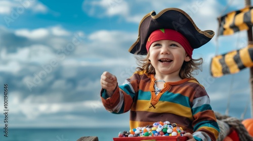 Happy Child in Pirate Costume on Makeshift Ship photo