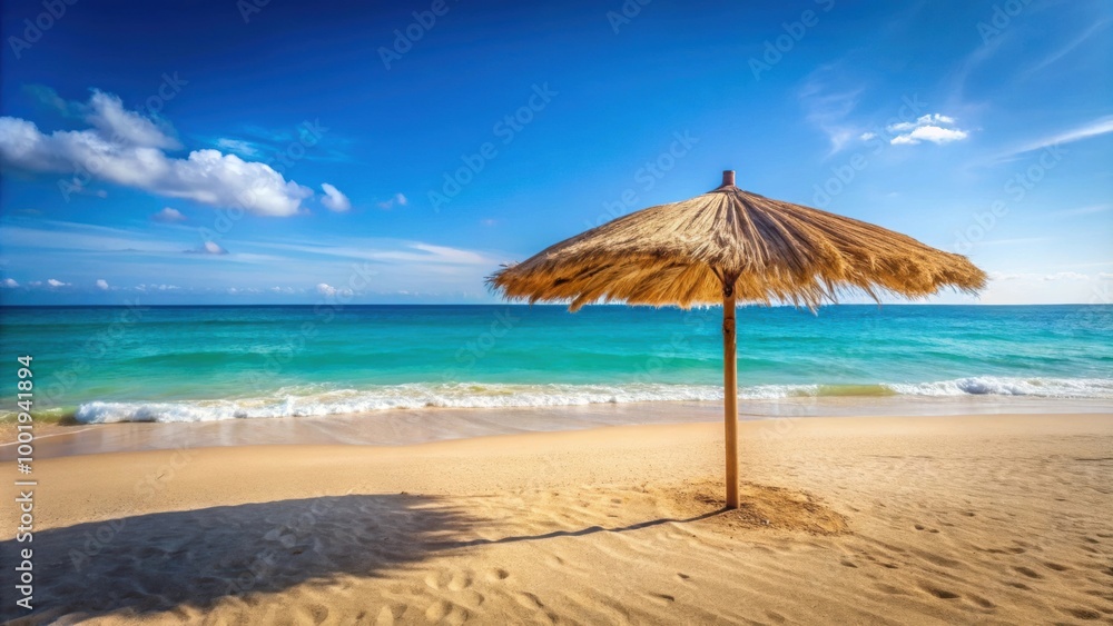Straw beach umbrella sticking out of the sand on a tropical beach with blue sea in the background on a sunny day