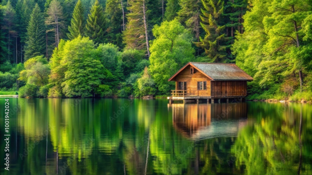 Boathouse situated on a serene lake surrounded by lush forest, boathouse, lake, forest, nature, tranquil, peaceful, waterside Boathouse situated on a serene lake surrounded by lush forest, boathouse, lake, forest, nature, tranquil, peaceful, waterside
