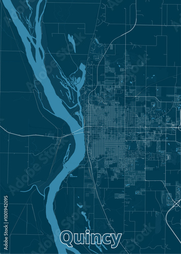 Detailed map of Quincy, a city in Illinois, USA. The map is rendered in a minimalist style with a dark blue background and light blue lines representing roads, streets, and a river photo