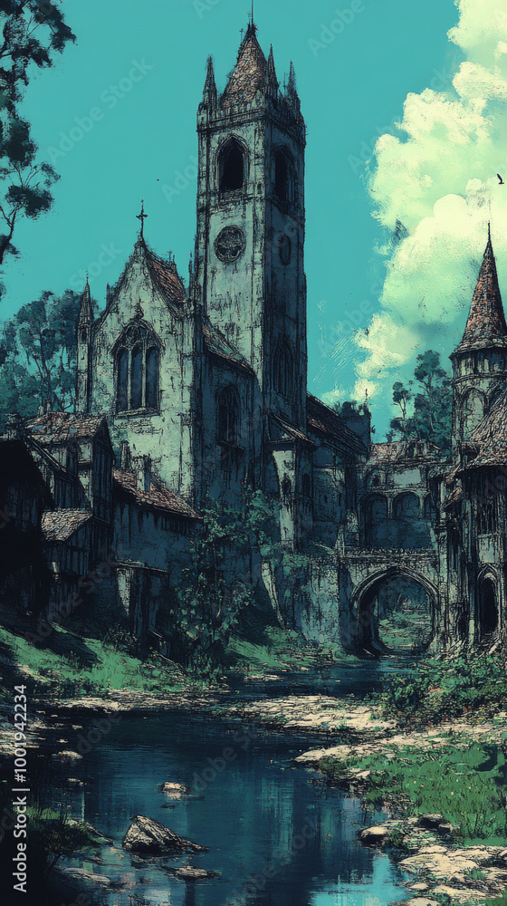 A quaint town with a towering church and a river running through it. A quaint town with a towering church and a river running through it.