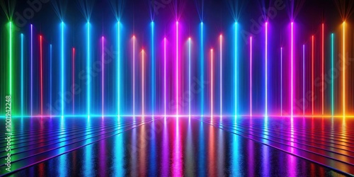 Abstract neon background with colorful light beams on reflective floor, neon, abstract, background, colorful, light, beams