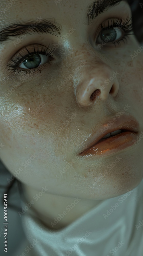 Fototapeta premium Close Up Portrait of a Woman with Wet Skin and Freckles