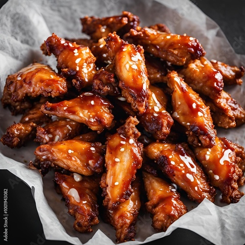 Pile of Korean chicken wings on blank greaseproof paper in studio setting
 photo