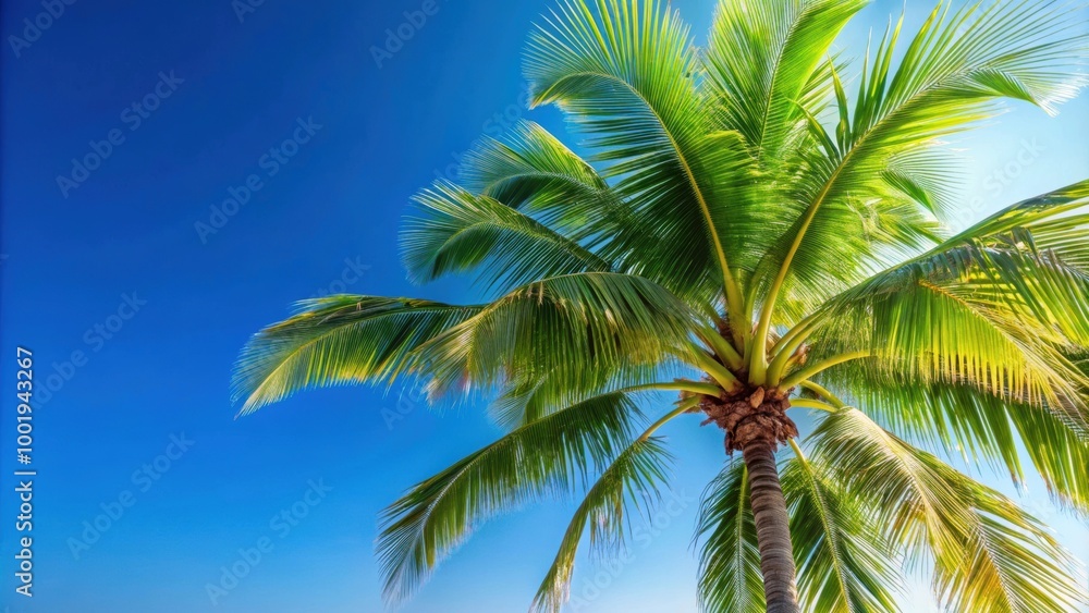 Coconut palm leaf tree against a clear blue sky, coconut palm, leaf, tree, tropical, sky, background, nature, green, exotic Coconut palm leaf tree against a clear blue sky, coconut palm, leaf, tree, tropical, sky, background, nature, green, exotic