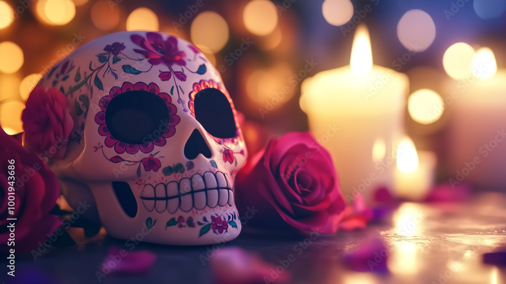 A decorative sugar skull adorned with flowers and roses, surrounded by glowing candles, creates a vibrant atmosphere celebrating life and remembrance. A decorative sugar skull adorned with flowers and roses, surrounded by glowing candles, creates a vibrant atmosphere celebrating life and remembrance.