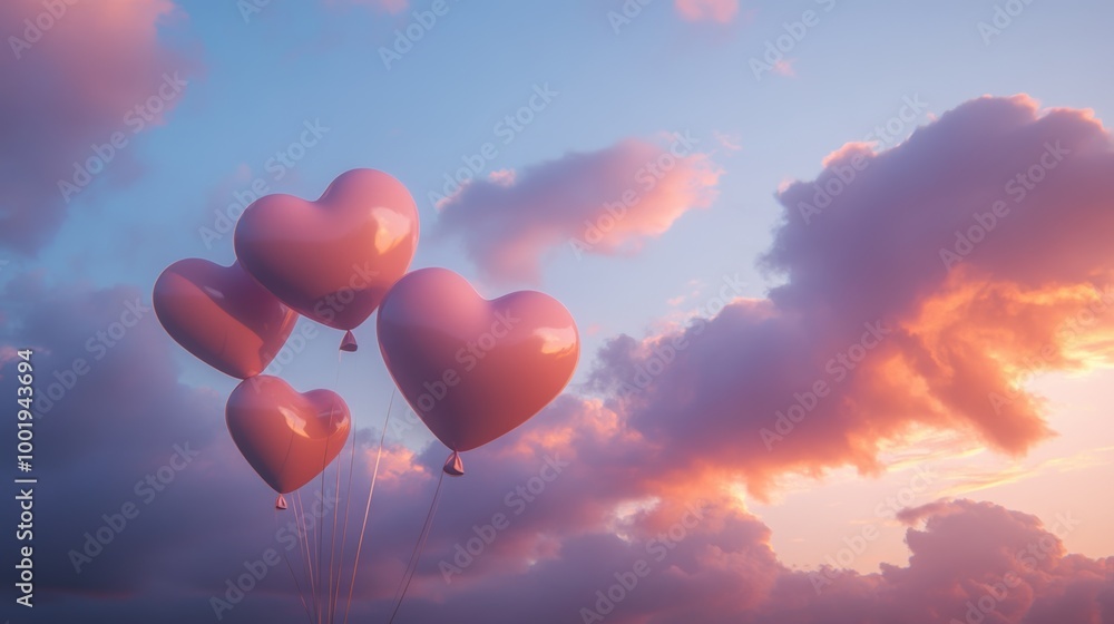 A warm sky at dusk with a few clouds shaped like heart-shaped balloons, softly glowing in pastel colors A warm sky at dusk with a few clouds shaped like heart-shaped balloons, softly glowing in pastel colors