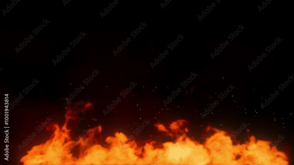 Dancing flame with smoke, embers and particles on black. Background, design element or transition. Dancing flame with smoke, embers and particles on black. Background, design element or transition.