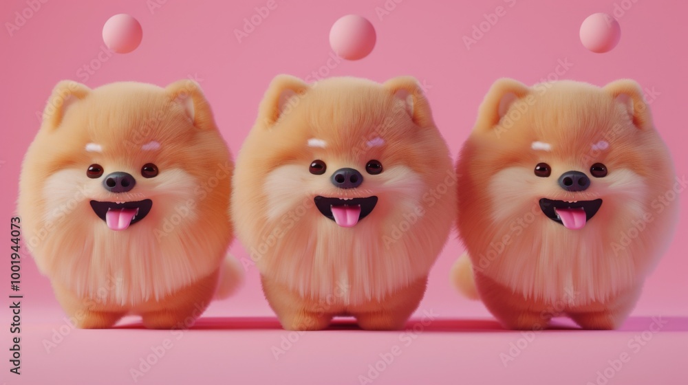 Fototapeta premium Cute 3D Minimalist Pomeranian Characters on Pink Background