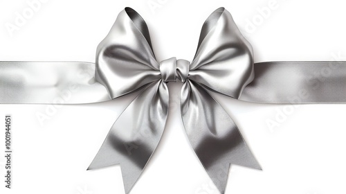 Silver Satin Ribbon Bow on White Background