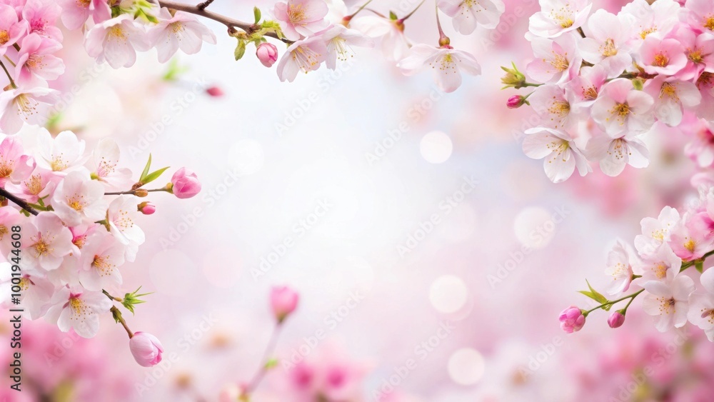 Dreamy cherry blossoms as border on white background, cherry blossoms, floral, pastel, whimsical, serene, nature, spring Dreamy cherry blossoms as border on white background, cherry blossoms, floral, pastel, whimsical, serene, nature, spring