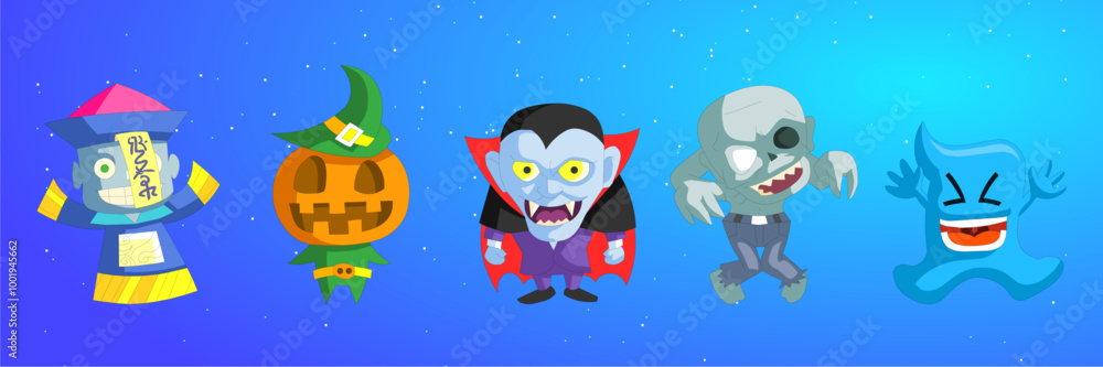 Set of Cute Halloween monsters. Comic cartoon monsters characters Vector Illustration. Set of Cute Halloween monsters. Comic cartoon monsters characters Vector Illustration.