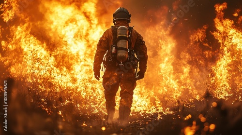 Firefighter battling raging wildfire in a forested area during late afternoon hours