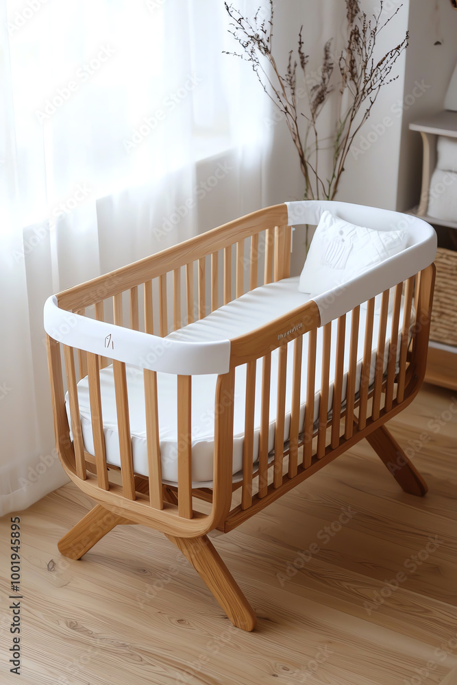 Modern wooden crib placed in a serene nursery, designed for comfort and style, perfect for newborns and infants. Modern wooden crib placed in a serene nursery, designed for comfort and style, perfect for newborns and infants.