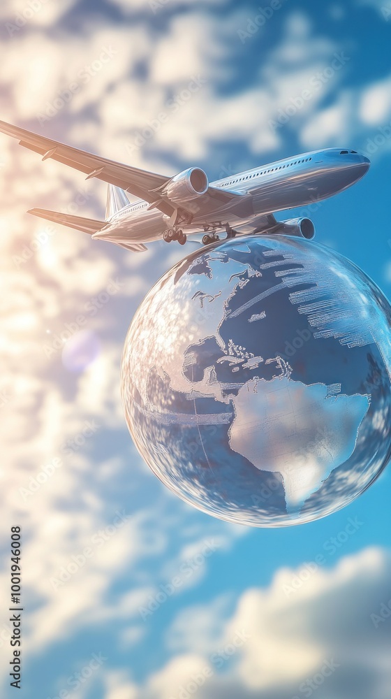 Obraz premium An airplane flying above a globe, symbolizing travel and global connectivity.