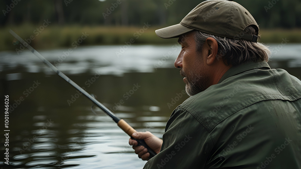 seen from behind a man wearing a hat fishing seen from behind a man wearing a hat fishing