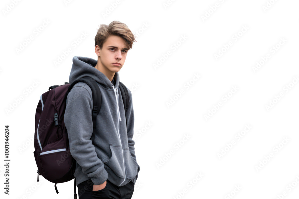 Young student holding a backpack while standing at a bus stop waiting for the bus, looking into the distance isolated on white background Young student holding a backpack while standing at a bus stop waiting for the bus, looking into the distance isolated on white background