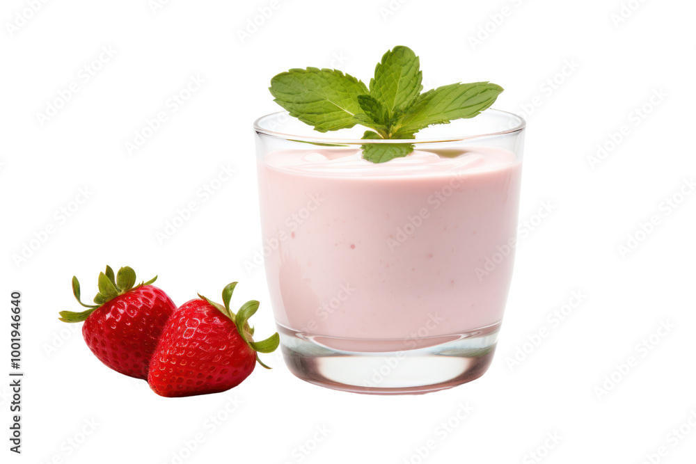 Smooth pink strawberry yogurt in a glass container, with a few whole strawberries scattered around, isolate on white background Smooth pink strawberry yogurt in a glass container, with a few whole strawberries scattered around, isolate on white background