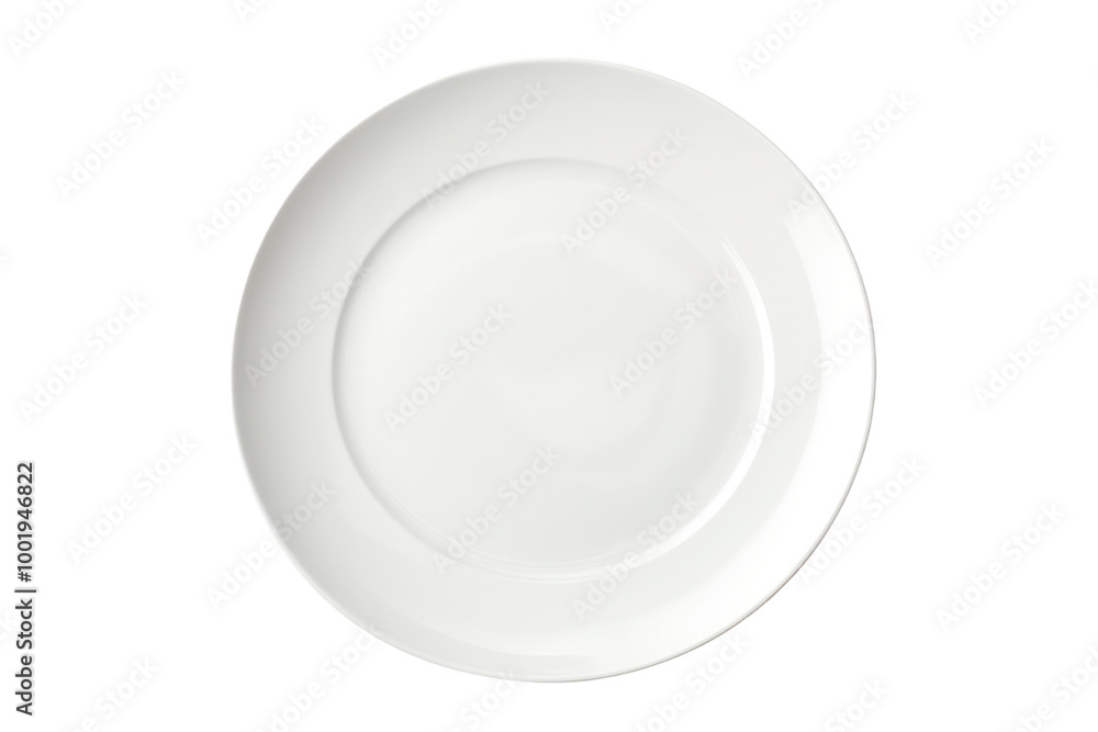 Plain white ceramic plate with a flawless, reflective surface and a uniform shape, isolated on a white background Plain white ceramic plate with a flawless, reflective surface and a uniform shape, isolated on a white background