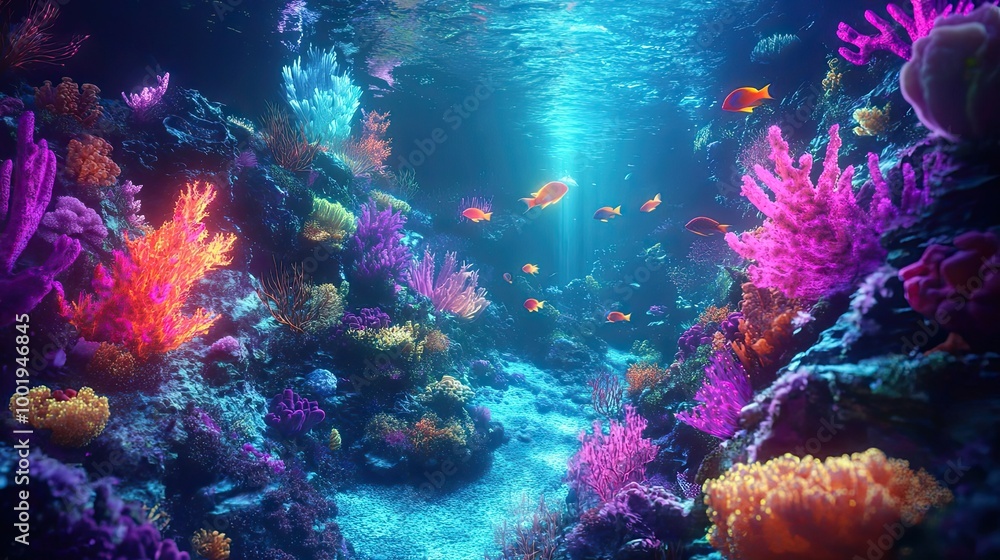 Naklejka premium Vibrant Coral Reef with Colorful Fish and Sunbeams