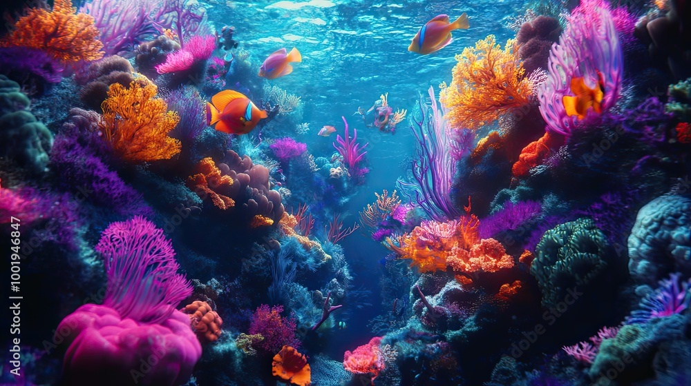 Naklejka premium Vibrant Coral Reef with Tropical Fish and Underwater Plants