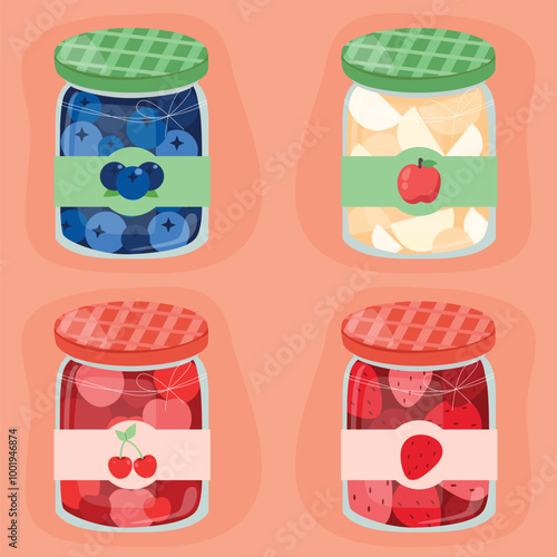 4 jars of fruit jam. blueberry jam, apple jam, cherry jam and strawberry jam.