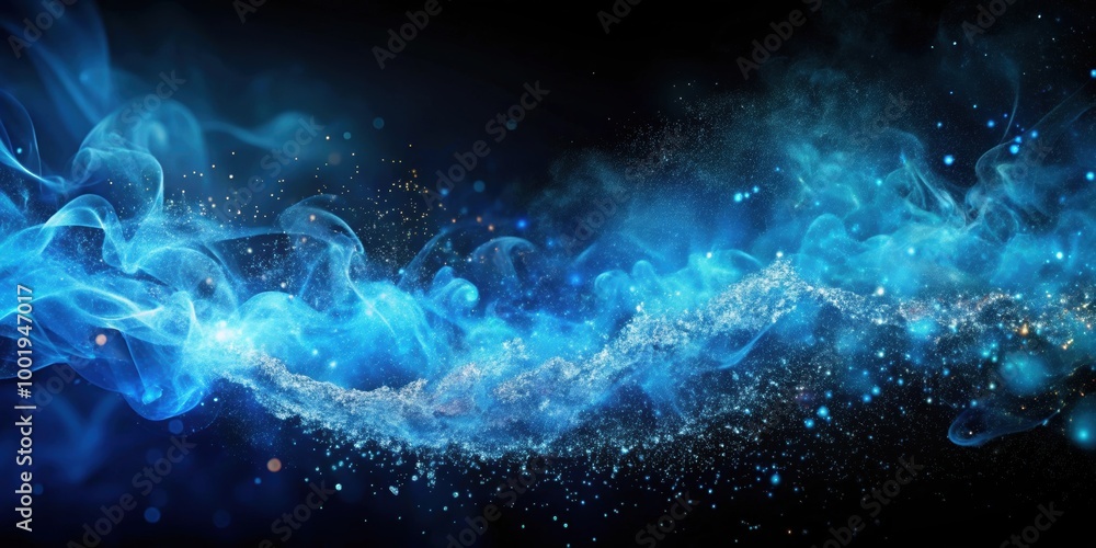 Shiny smoke and glitter fluid creating a magical mist with blue color particles on a dark black abstract background, shiny, smoke, glitter Shiny smoke and glitter fluid creating a magical mist with blue color particles on a dark black abstract background, shiny, smoke, glitter