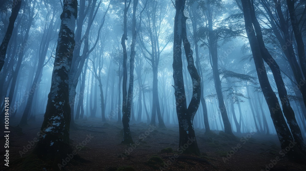 Fototapeta premium Misty Forest with Curling Fog and Ghostly Ambiance