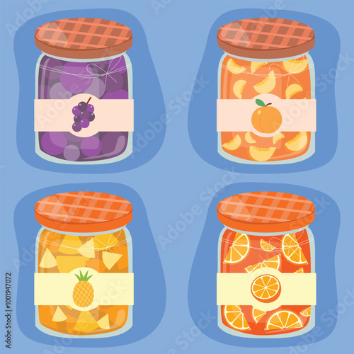 4 jars of fruit jam. grape jam, pineapple jam, peach jam and marmalade.