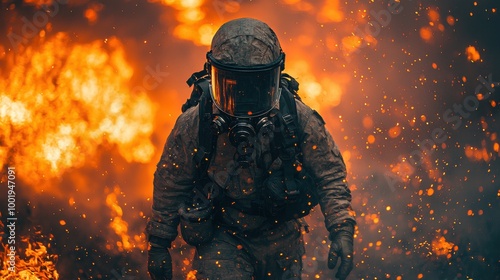 A firefighter walks through flames while battling a raging wildfire during the day