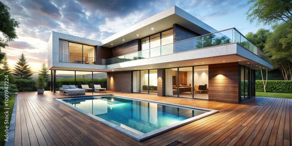 Fototapeta premium Contemporary house with pool and deck in private villa, , Contemporary, house, pool, private, villa,, luxury
