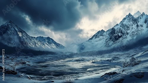 Wallpaper Mural A snowy valley nestled between towering, snow-capped mountains, under a cloudy sky Torontodigital.ca