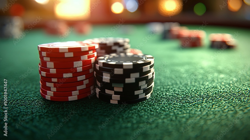 Red and Black Casino Chips Stacked on a Green Felt Table Red and Black Casino Chips Stacked on a Green Felt Table