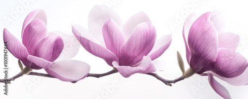 Pink magnolia flowers on branch, white background