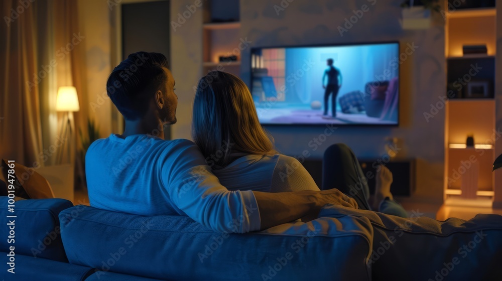 Cozy Couple Watching Movie Together on Sofa Cozy Couple Watching Movie Together on Sofa