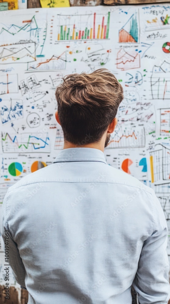 A person analyzing various data charts and graphs on a wall. A person analyzing various data charts and graphs on a wall.