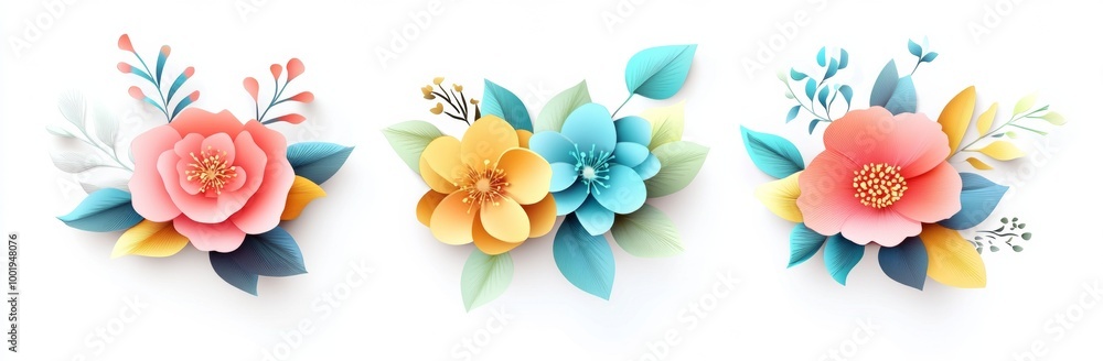 Obraz premium 3D render of colorful paper-cut flowers and leaves isolated on a white background,