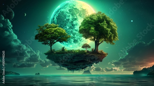 Lush Floating Islands with Vibrant Jungles and Moonlight