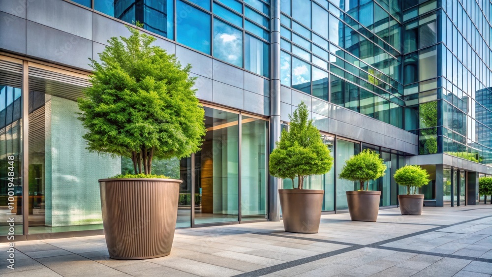 Two green potted plants outside a sleek modern building on a city street , plants, green, potted, outdoors, modern Two green potted plants outside a sleek modern building on a city street , plants, green, potted, outdoors, modern