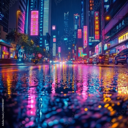 Night City Road with Rain Reflections