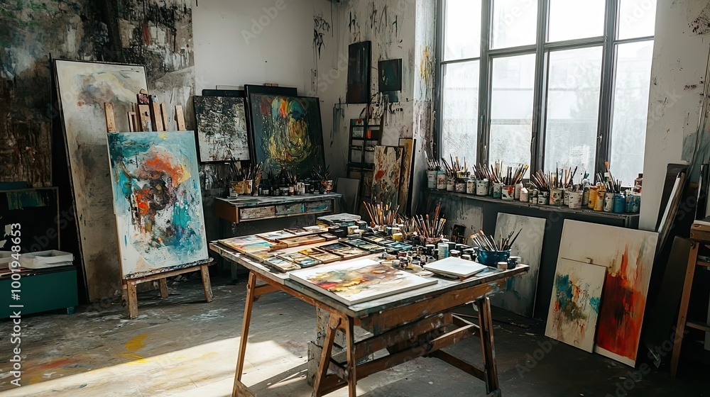 An Artist's Studio with Abstract Paintings and Art Supplies An Artist's Studio with Abstract Paintings and Art Supplies