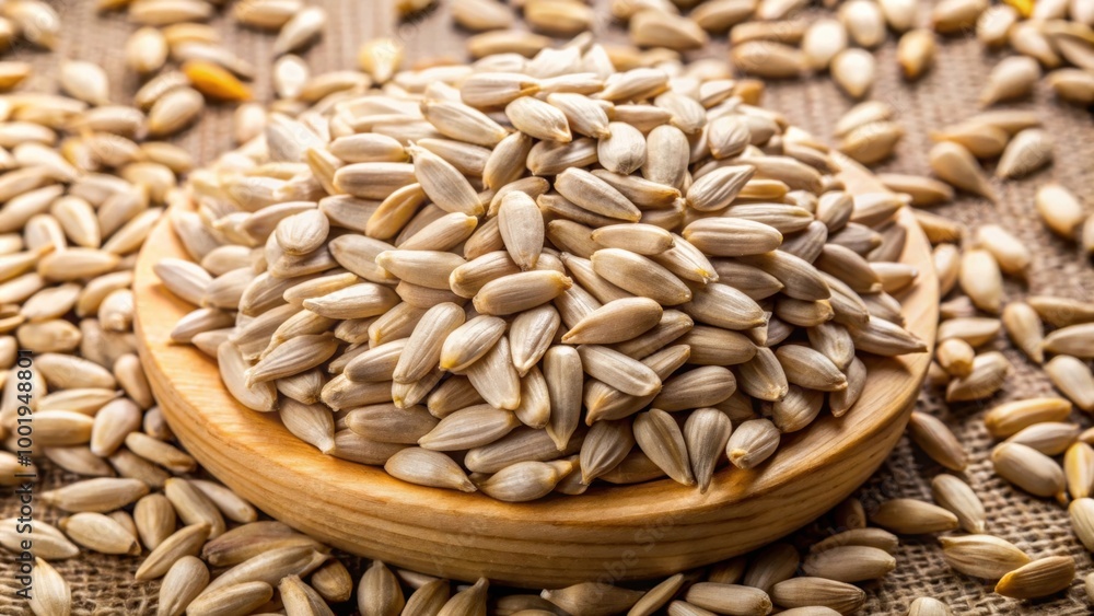 Obraz premium Raw organic sunflower kernels with husk removed, nutritious, snack, vegan, vegetarian, healthy, seeds, organic, sunflower