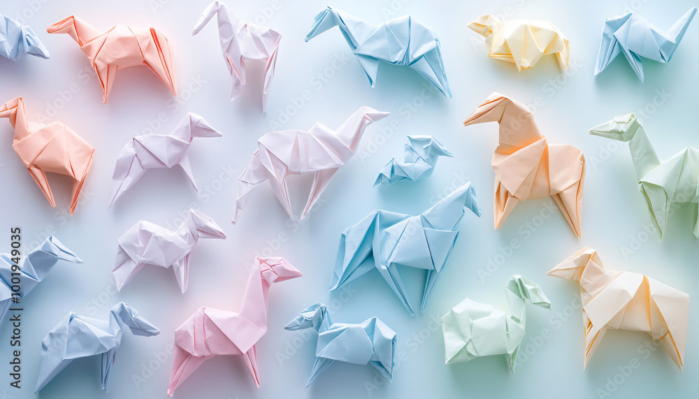 Obraz premium A pattern of folded origami animals or shapes in soft pastel colors, offering a sense of creativity and delicate craftsmanship