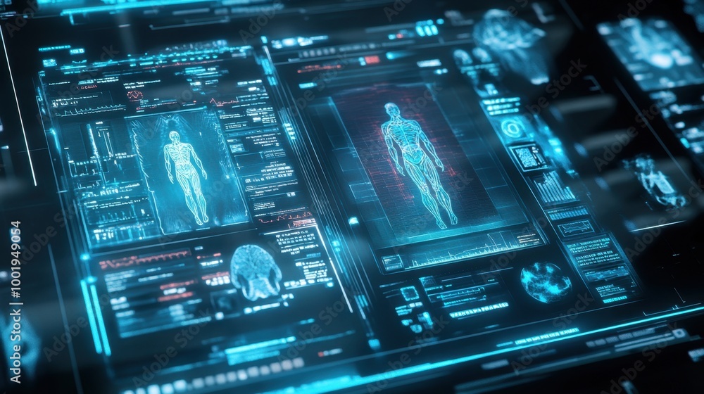 Advanced medical technology concept featuring electronic patient records, displayed on a modern, high-tech interface. Advanced medical technology concept featuring electronic patient records, displayed on a modern, high-tech interface.