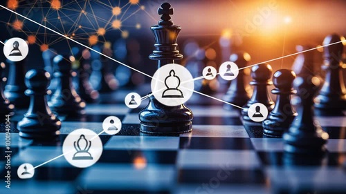 A chess king stands tall in the middle of a chessboard, connected by a web of white lines to other chess pieces