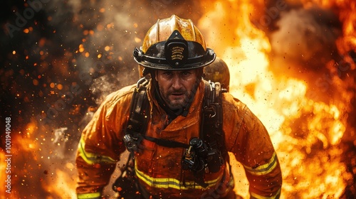 Brave firefighter battling intense flames during a wildfire, showcasing determination in the face of danger