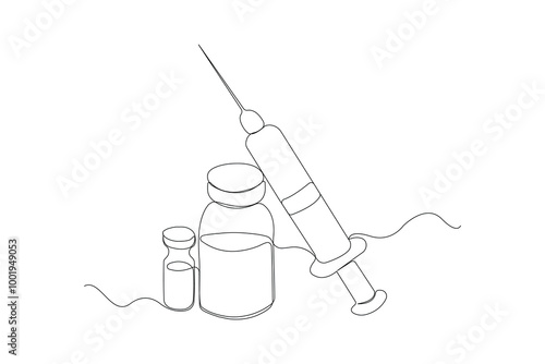 Medicine bottles with syringe line art. Medical concept continuous outline vector.