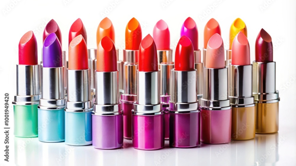 A collection of beautifully arranged colorful lipsticks on a white background, lipstick, beauty, makeup, cosmetic, arrangement A collection of beautifully arranged colorful lipsticks on a white background, lipstick, beauty, makeup, cosmetic, arrangement
