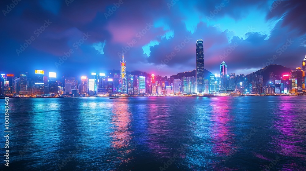 Vibrant Night Skyline of Hong Kong with Reflections on Water Vibrant Night Skyline of Hong Kong with Reflections on Water