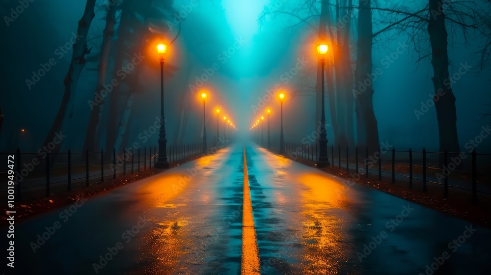 Dimly Lit Street in Foggy Desolation Dimly Lit Street in Foggy Desolation